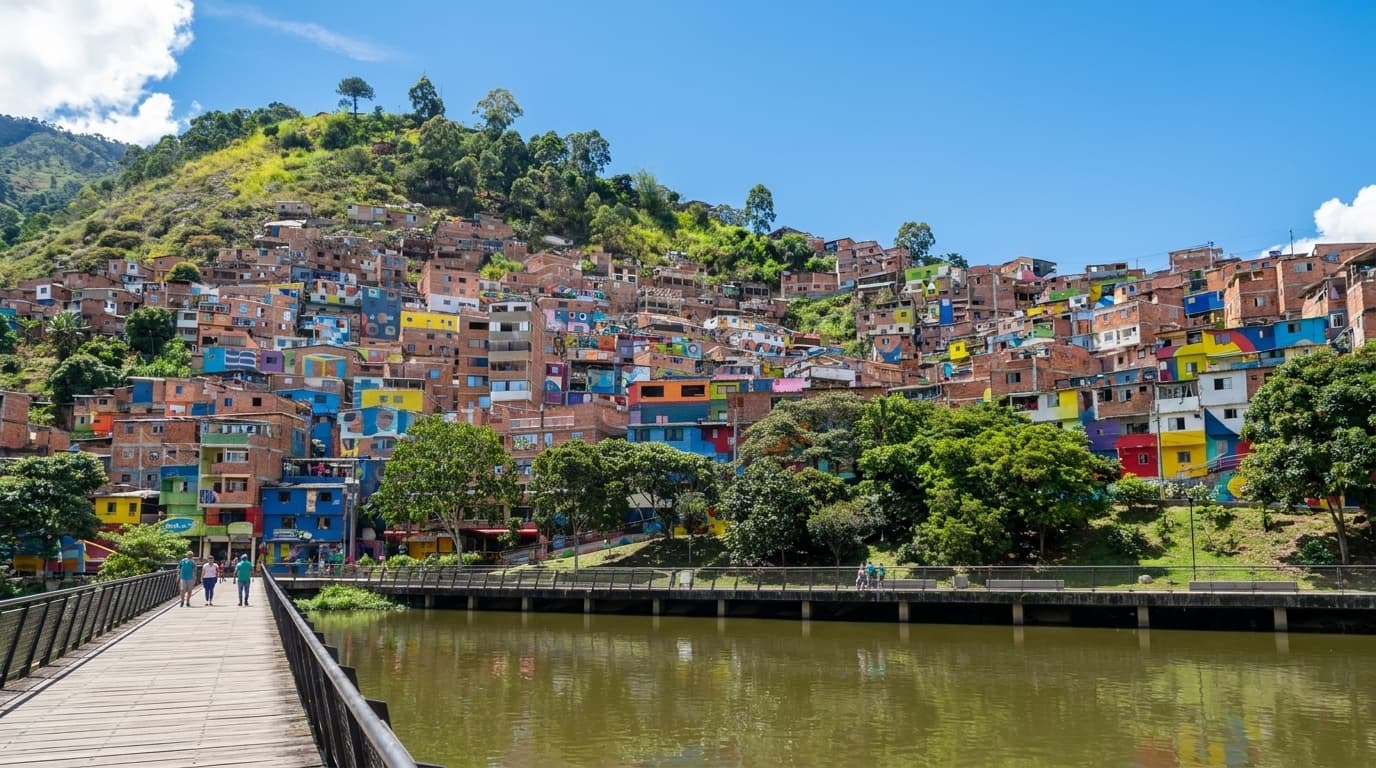 Casas coloridas de la Comuna en una ladera de Medellín junto a un lago